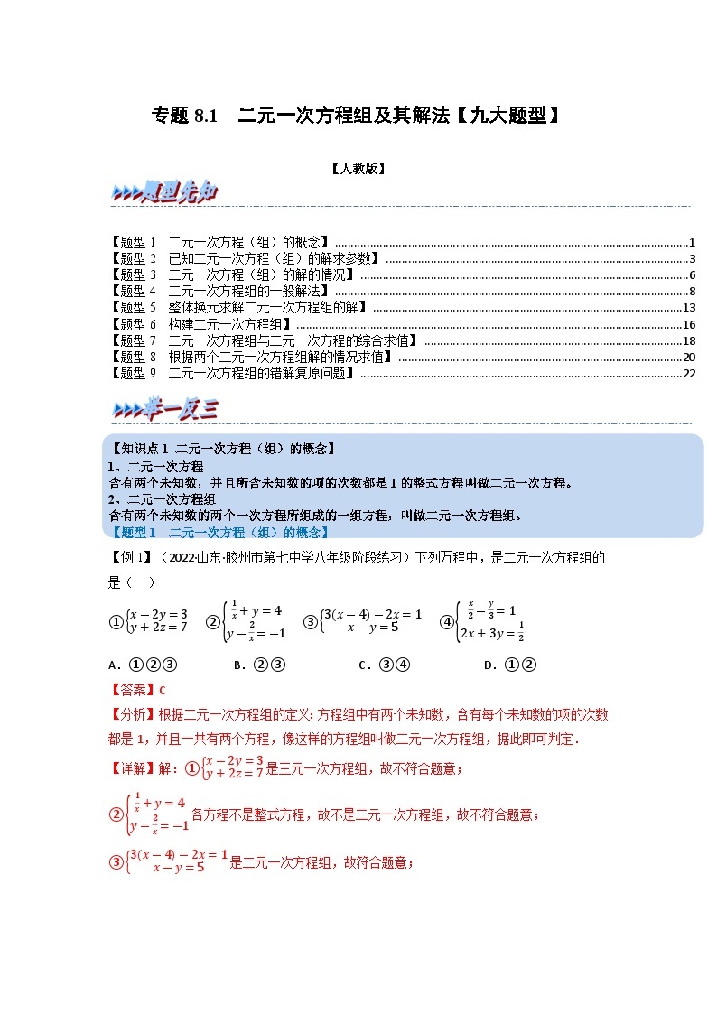 2024年七年级数学下册专题8.1 二元一次方程组及其解法【九大题型】（举一反三）（人教版）（原卷版+解析卷）01