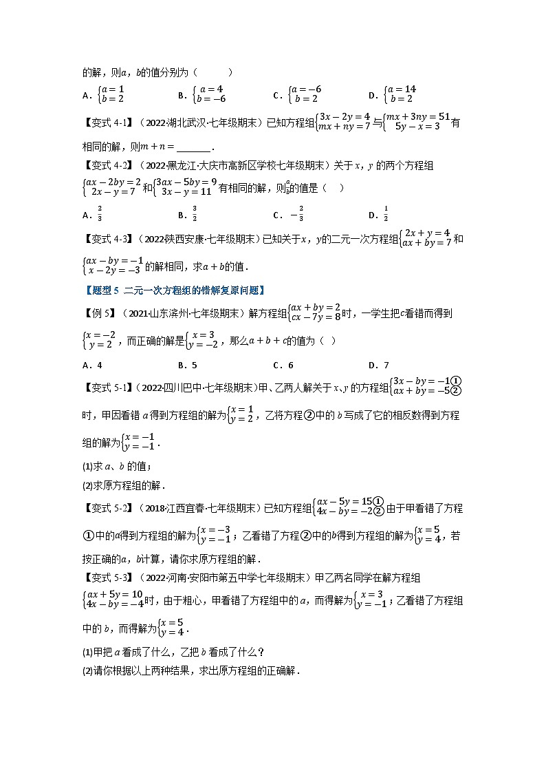 2024年七年级数学下册专题11.5 期末专项复习之二元一次方程组十四大必考点(举一反三)(人教版)(原卷版)第3页