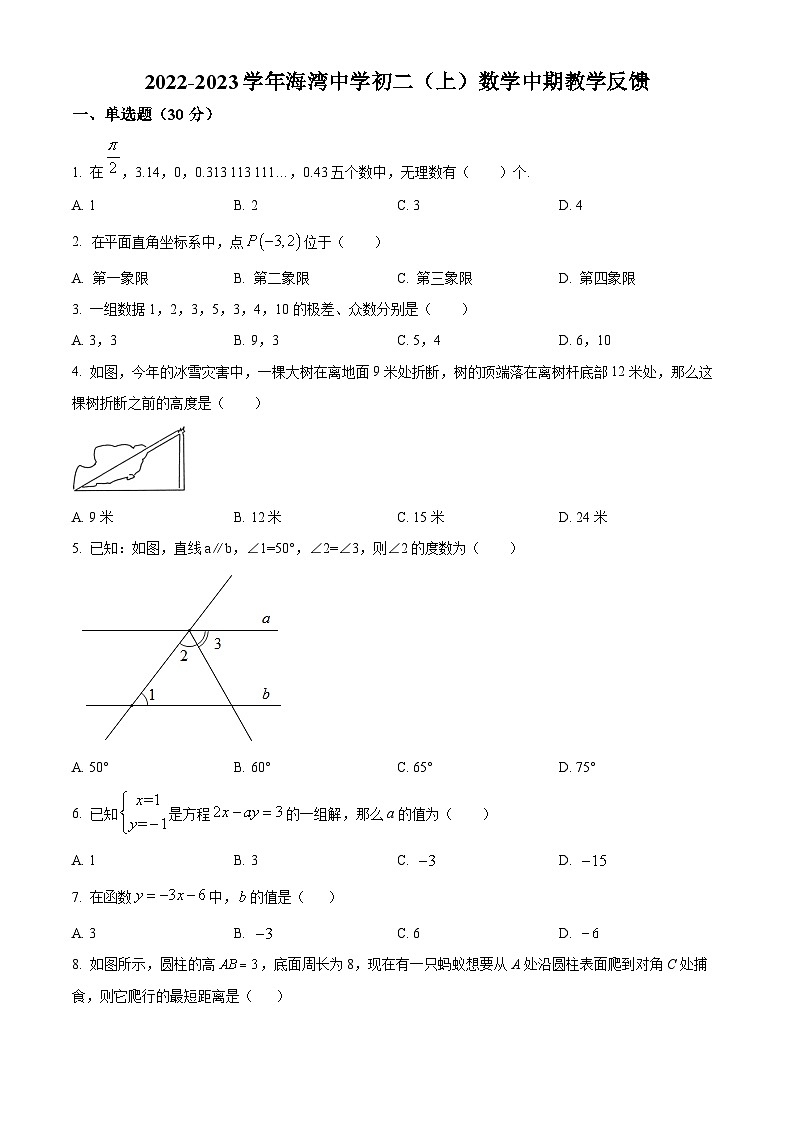 精品解析:广东省深圳市海湾中学2022-2023学年八年级上学期期中考试数学试题(原卷版)第1页