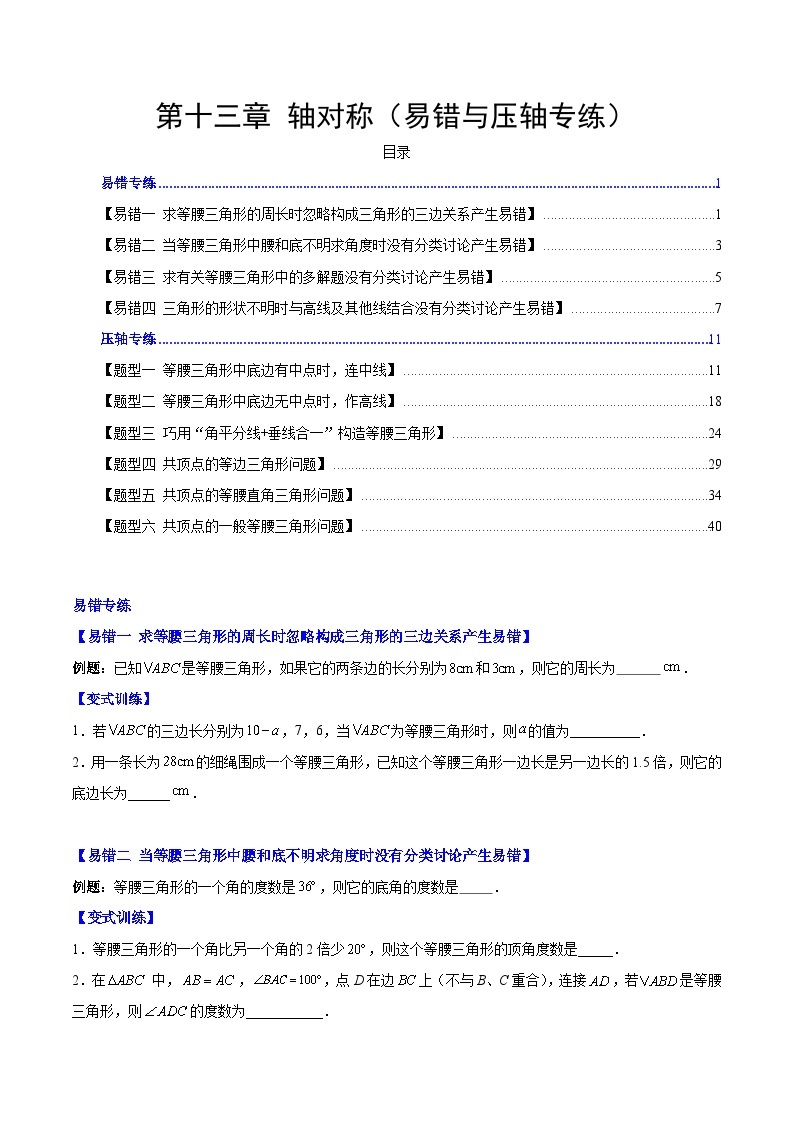 【期中单元压轴题专练】（人教版）2023-2024学年八年级数学上册单元 第十三章 轴对称（测试卷）01