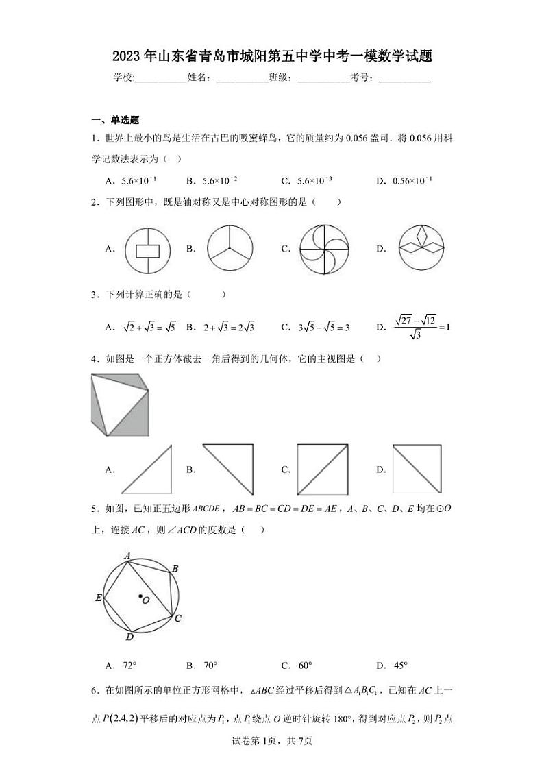 2023年山东省青岛市城阳第五中学中考一模数学试题第1页