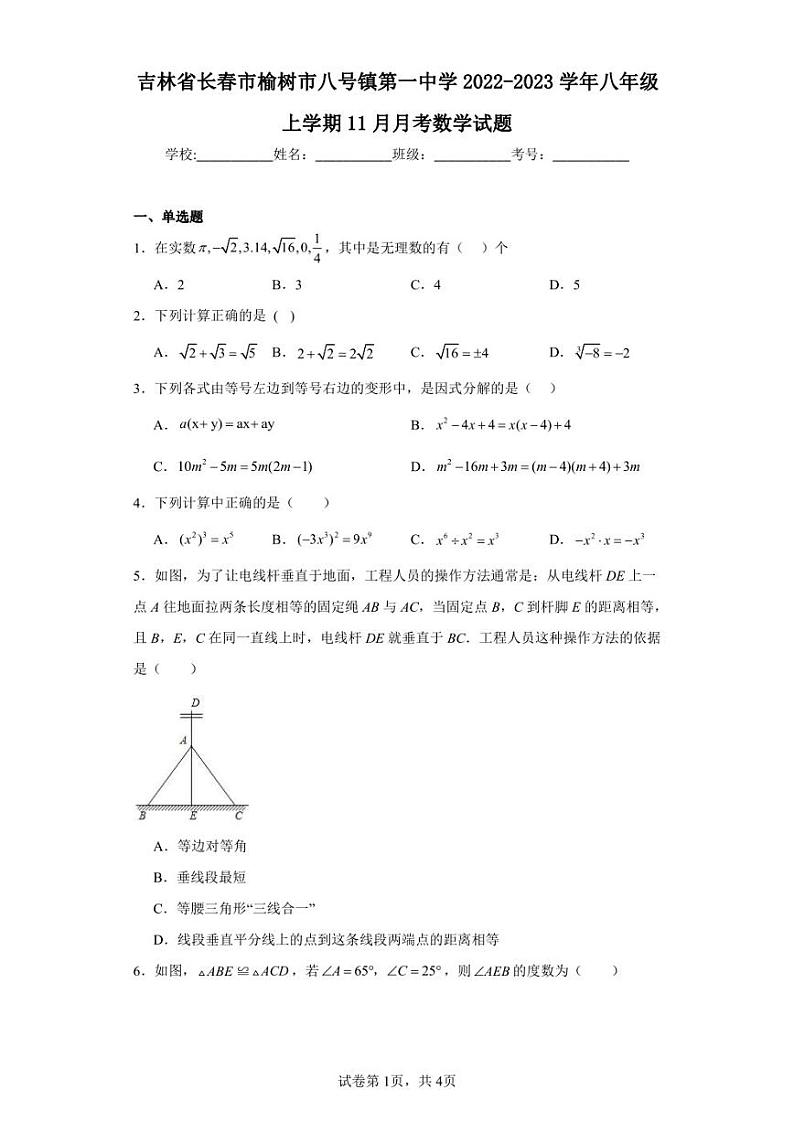 吉林省长春市榆树市八号镇第一中学2022-2023学年八年级上学期11月月考数学试题第1页