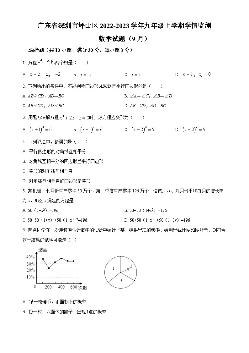 精品解析:广东省深圳市坪山区2022-2023学年九年级上学期学情监测数学试题(9月)(原卷版)第1页