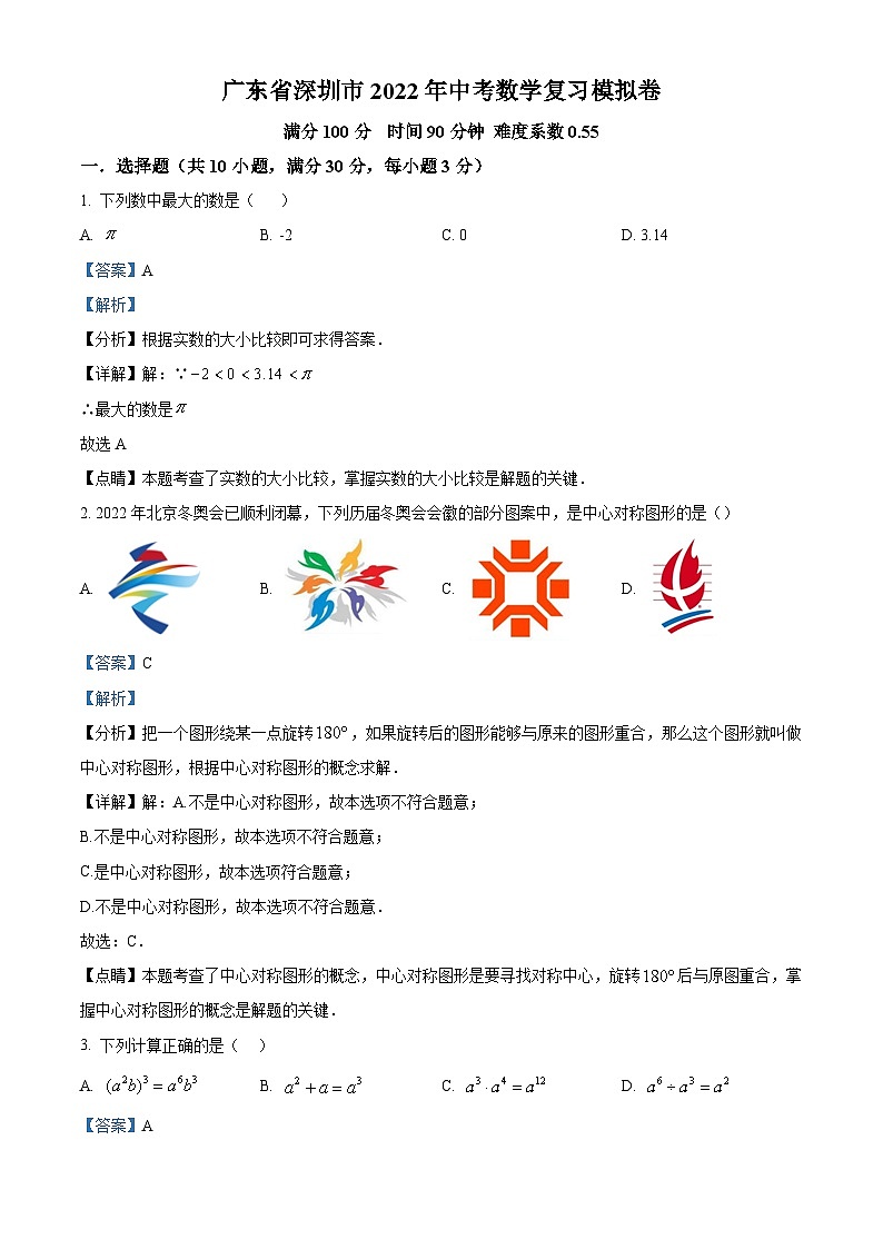 精品解析:2022年广东省深圳市中考数学复习模拟题(解析版)第1页