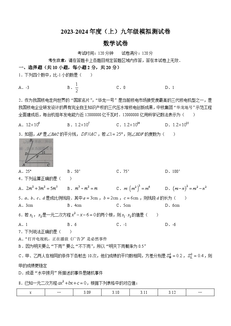 辽宁省本溪市2023-2024学年九年级上学期10月月考数学试题01
