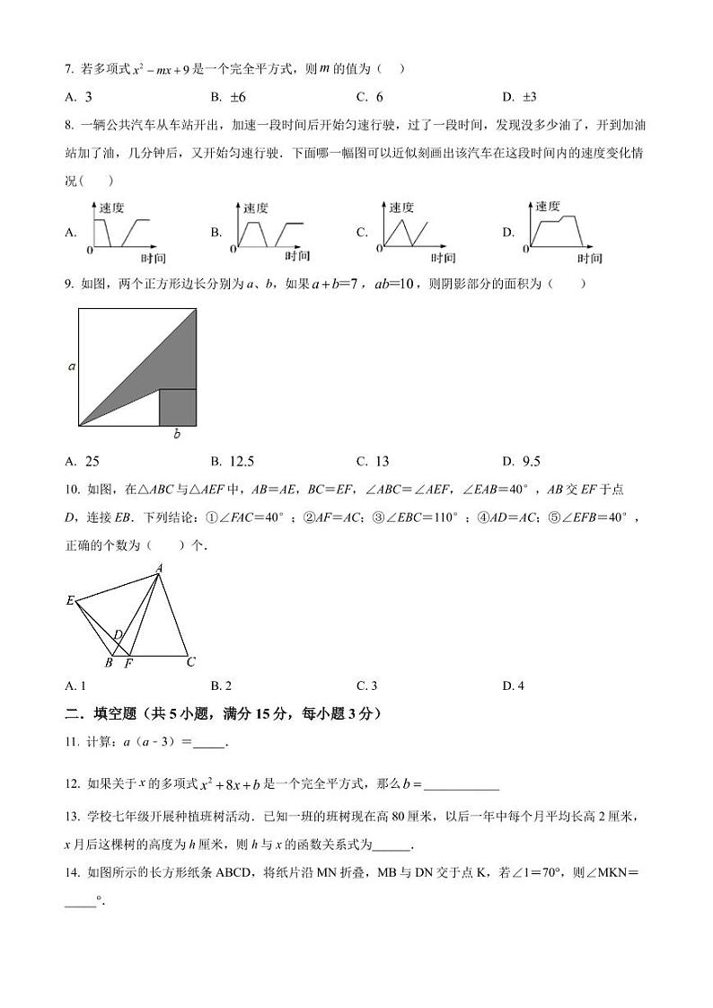 广东省深圳市宝安中学(集团)实验学校2022-2023学年七年级下学期3月月考数学试卷(原卷及解析版)02