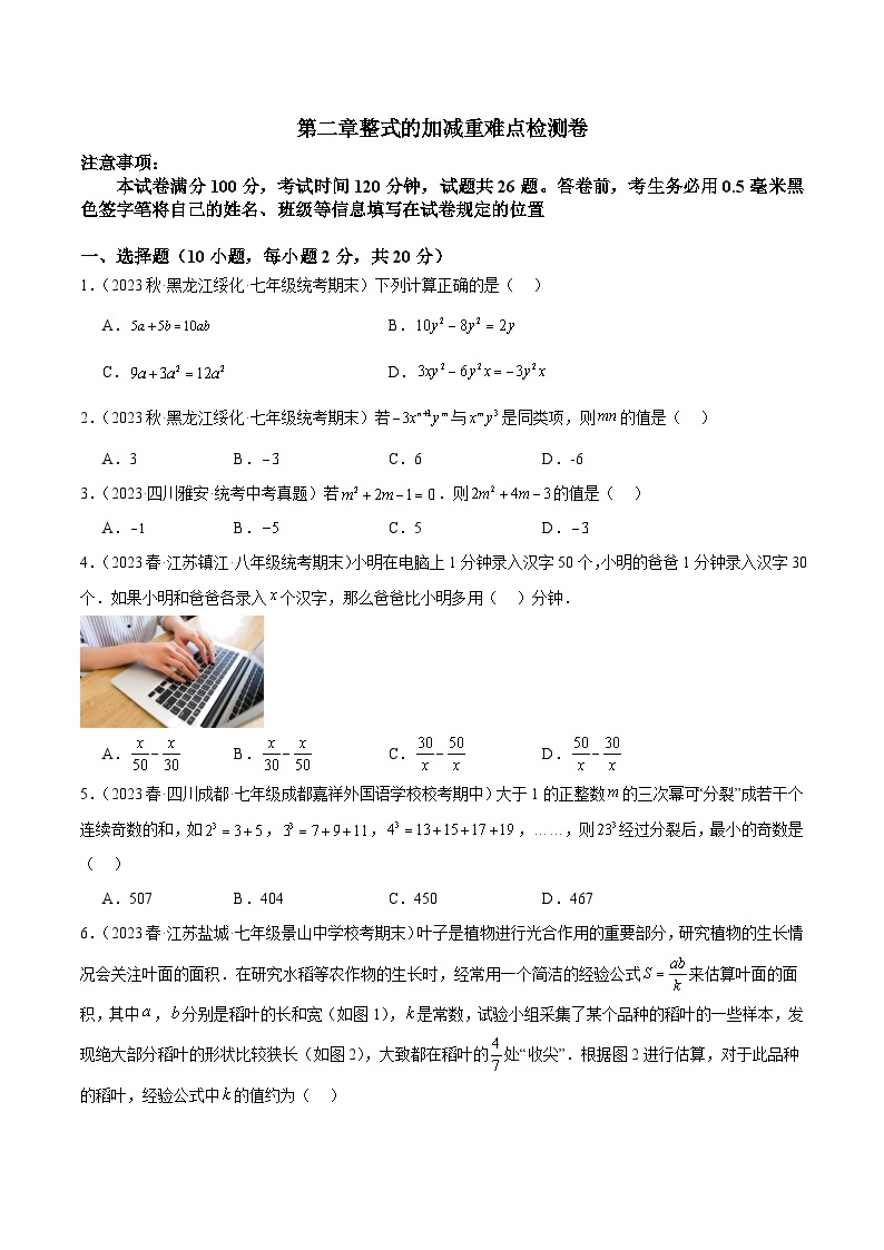 第二章 整式的加减 重难点检测卷-2023-2024学年七年级数学上册重难点专题提升精讲精练（人教版）01