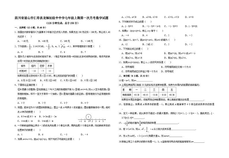 四川省眉山市仁寿县龙镇初级中学2023-2024学年七年级上学期第一次月考数学试题01