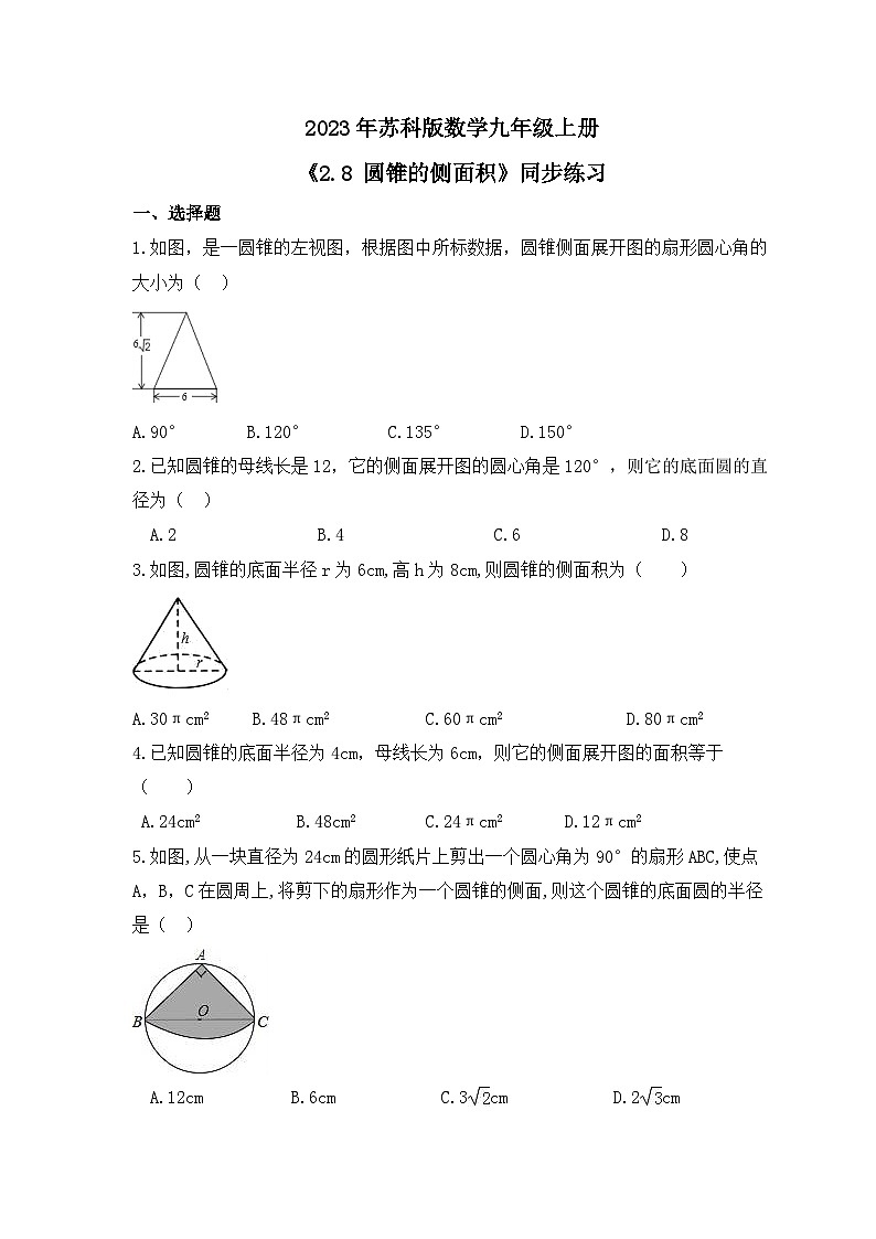 2023年苏科版数学九年级上册《2.8 圆锥的侧面积》同步练习(含答案)01