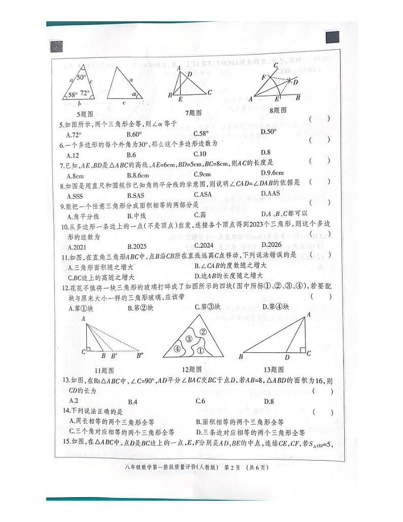 河北省 沧州市东光县五校联考2023-2024学年八年级上学期10月月考数学试题02