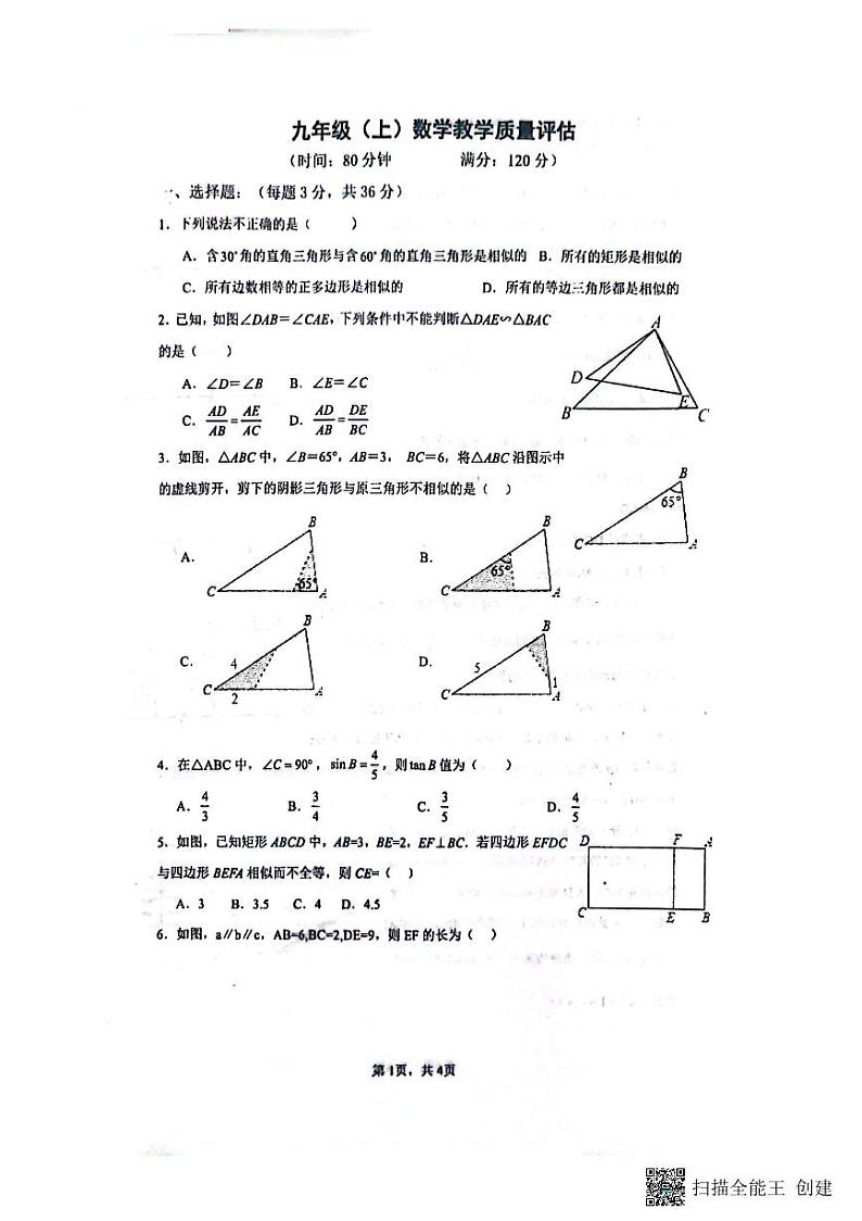 山东省聊城市+高唐县第一实验中学2023—2024学年上学期第一次学业水平评估九年级数学试题01