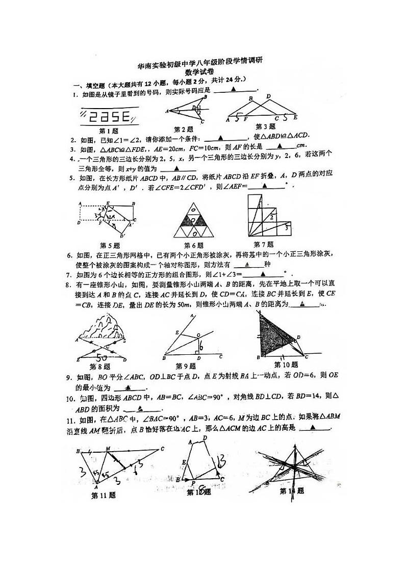 江苏省镇江市丹阳市华南实验学校2023-2024学年八年级上学期第一次月考数学试题01