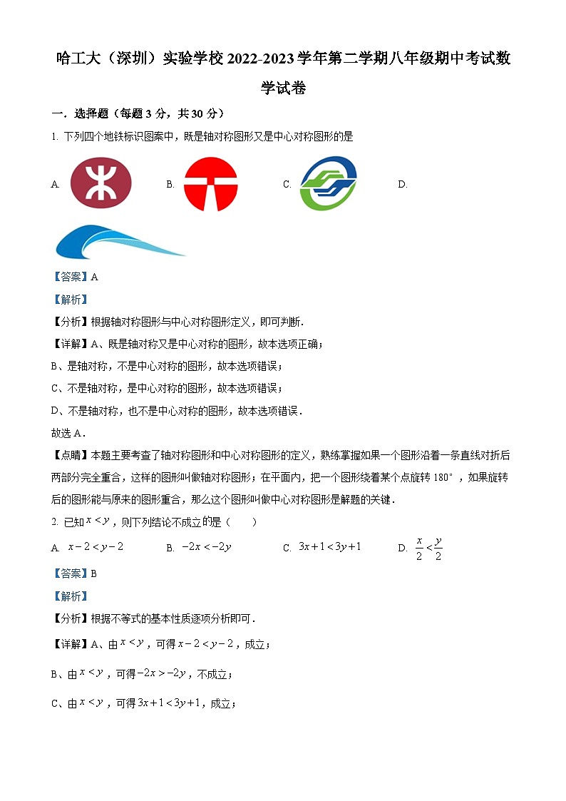 精品解析:广东省深圳市南山区哈工大(深圳)实验学校2022-2023学年八年级下学期期中考试数学试卷01