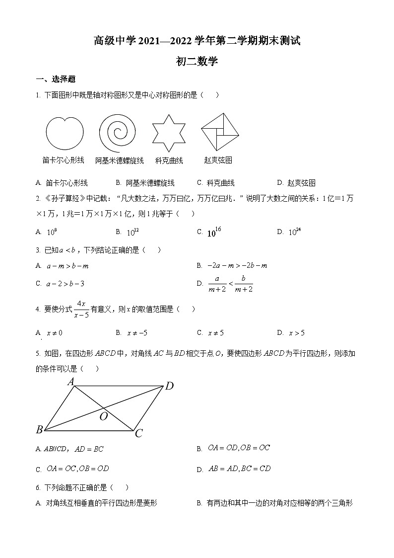 精品解析:广东省深圳市高级中学2021-2022学年八年级下学期期末考试数学试题01
