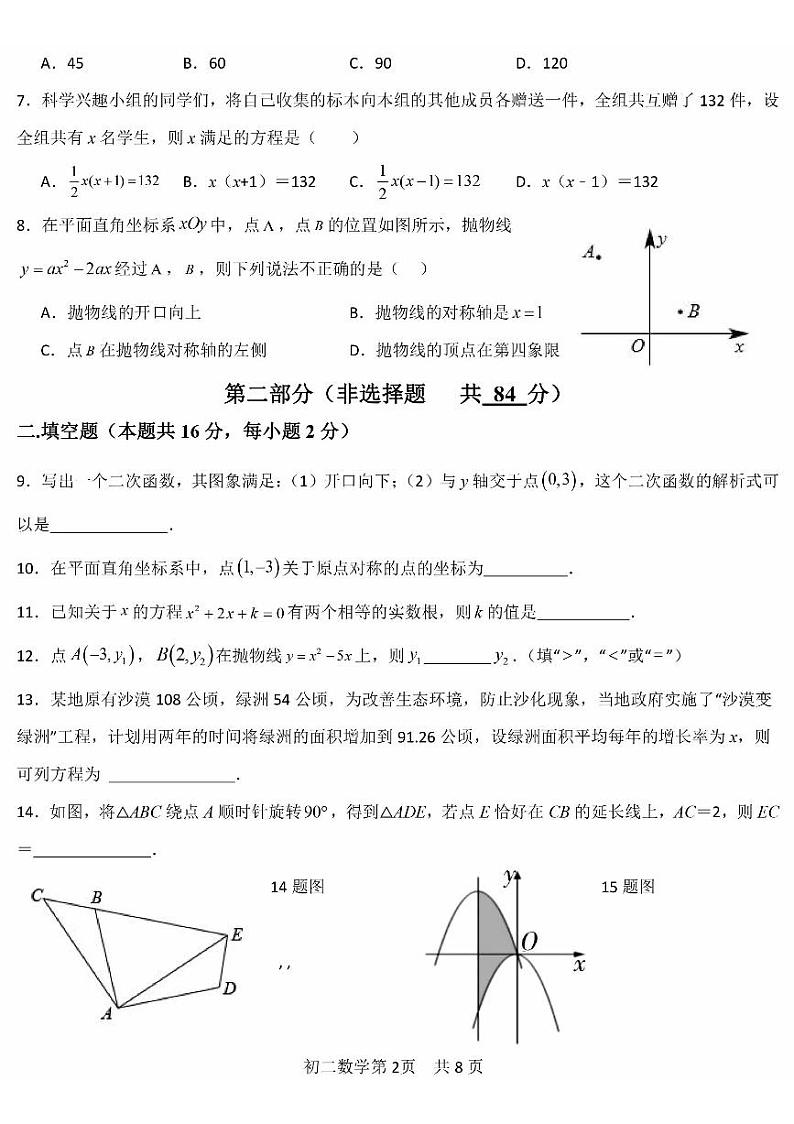 2023北京五十五中初三10月月考数学试卷(无答案)第2页