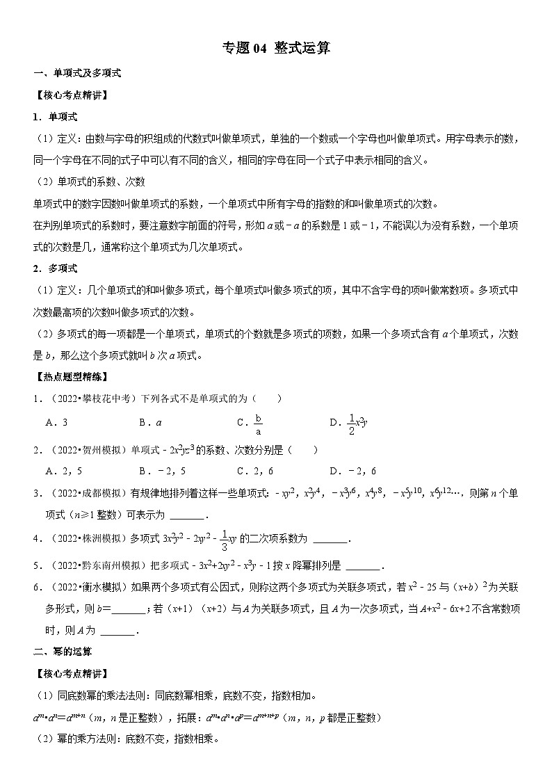 中考数学一轮复习核心考点精讲精练专题04 整式运算(2份打包,原卷版+解析版)01