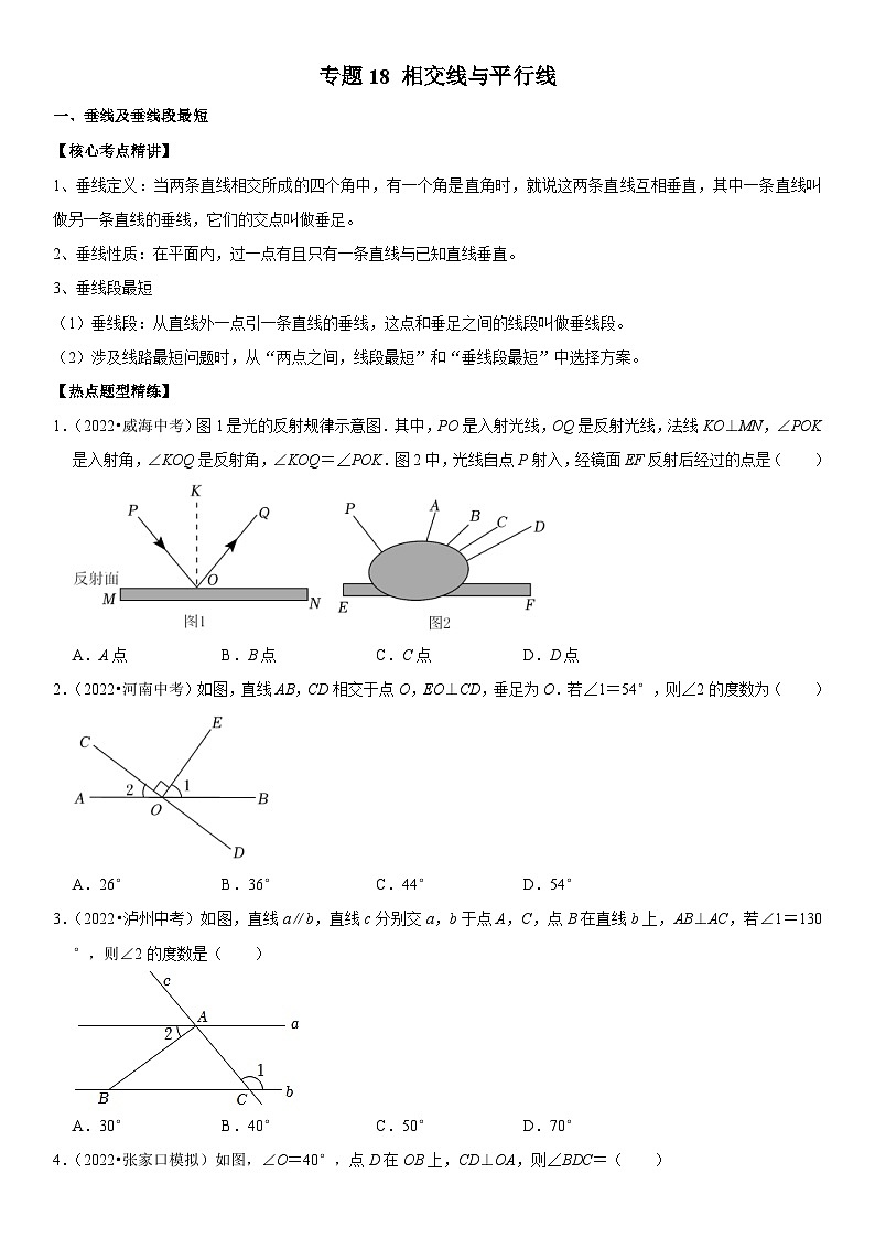 中考数学一轮复习核心考点精讲精练专题18 相交线与平行线(原卷版)第1页