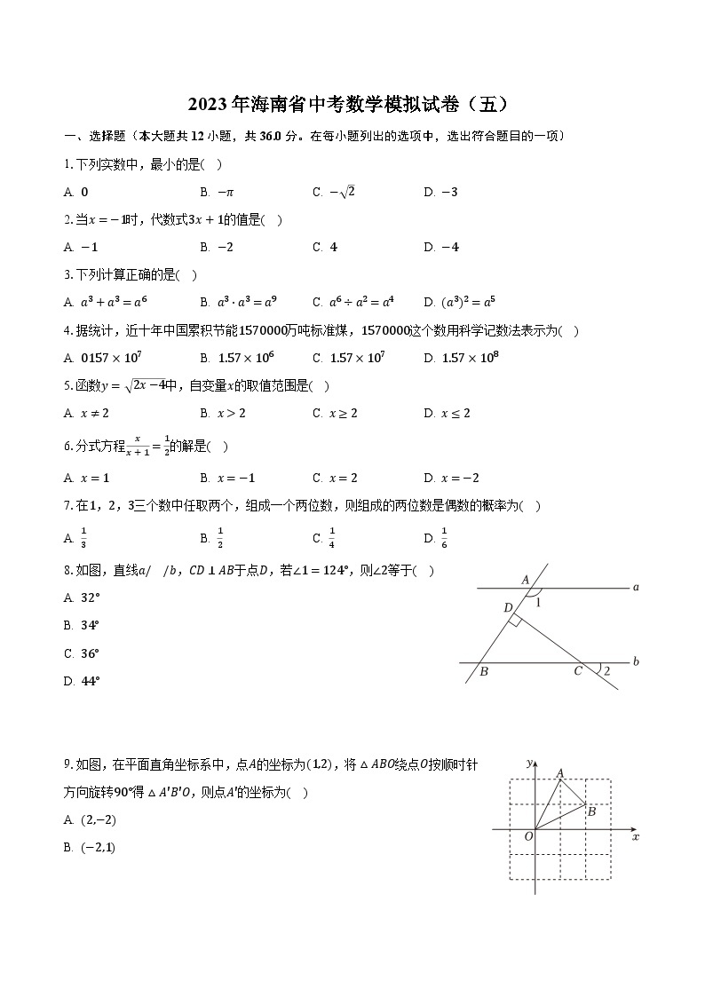 2023年海南省中考数学模拟试卷（五）（含解析）01