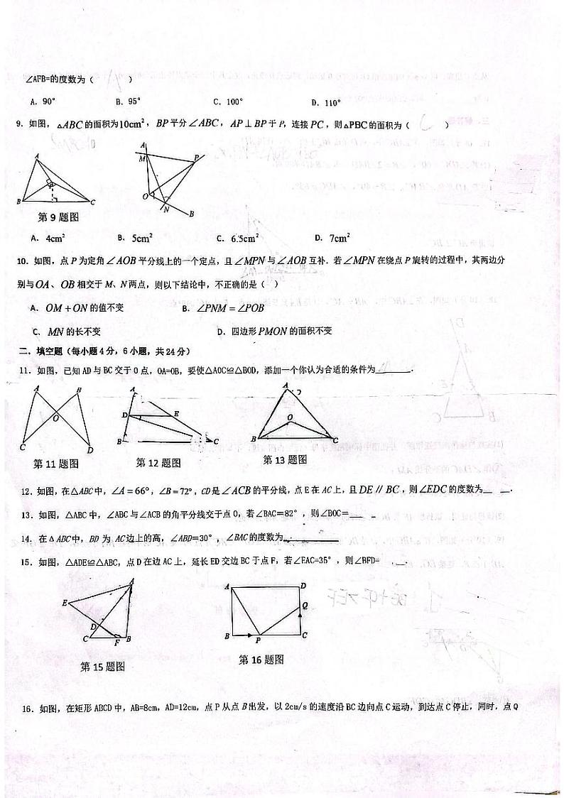 安徽省淮南市龙湖中学2023-2024学年八年级上学期10月月考数学试题02
