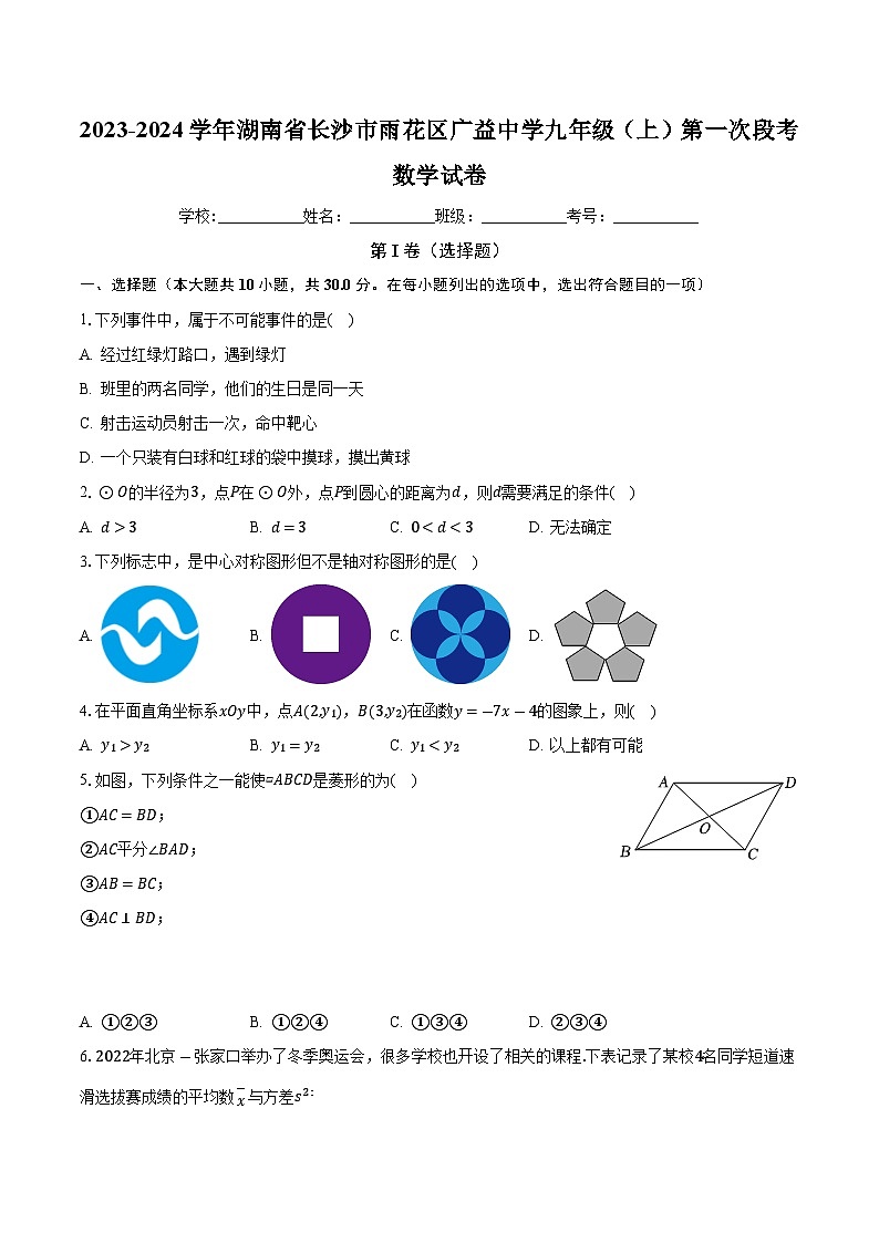 湖南省长沙市广益中学2023-2024学年九年级上学期第一次月考数学试题第1页