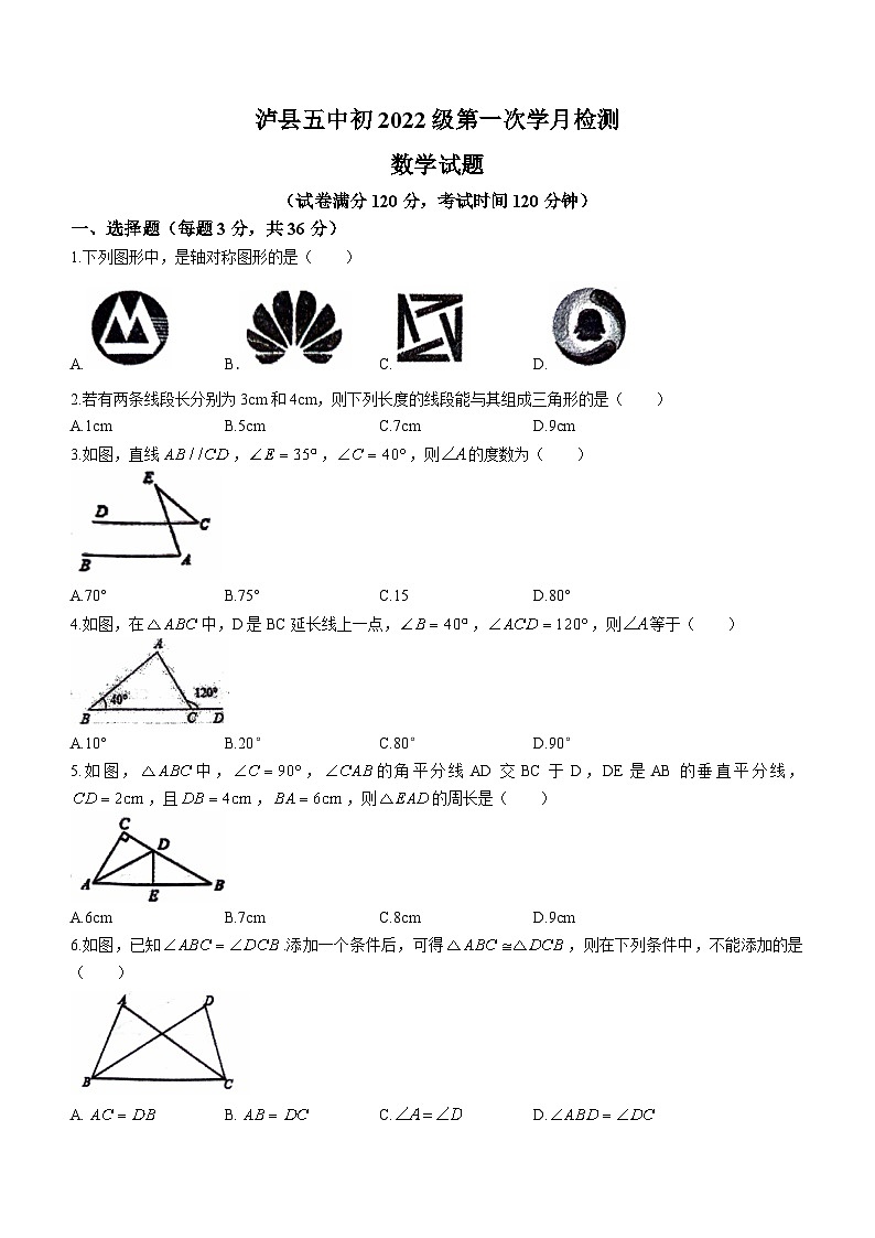 四川省泸州市泸县泸县第五中学2023-2024学年八年级上学期10月月考数学试题(无答案)第1页
