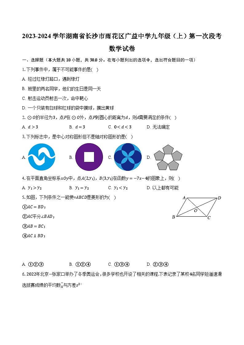 2023-2024学年湖南省长沙市雨花区广益中学九年级(上)第一次段考数学试卷(含解析)第1页