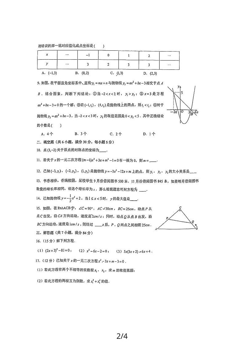 新疆维吾尔自治区 乌鲁木齐市第126中学2023-2024学年上学期九年级数学第一次月考试卷第2页