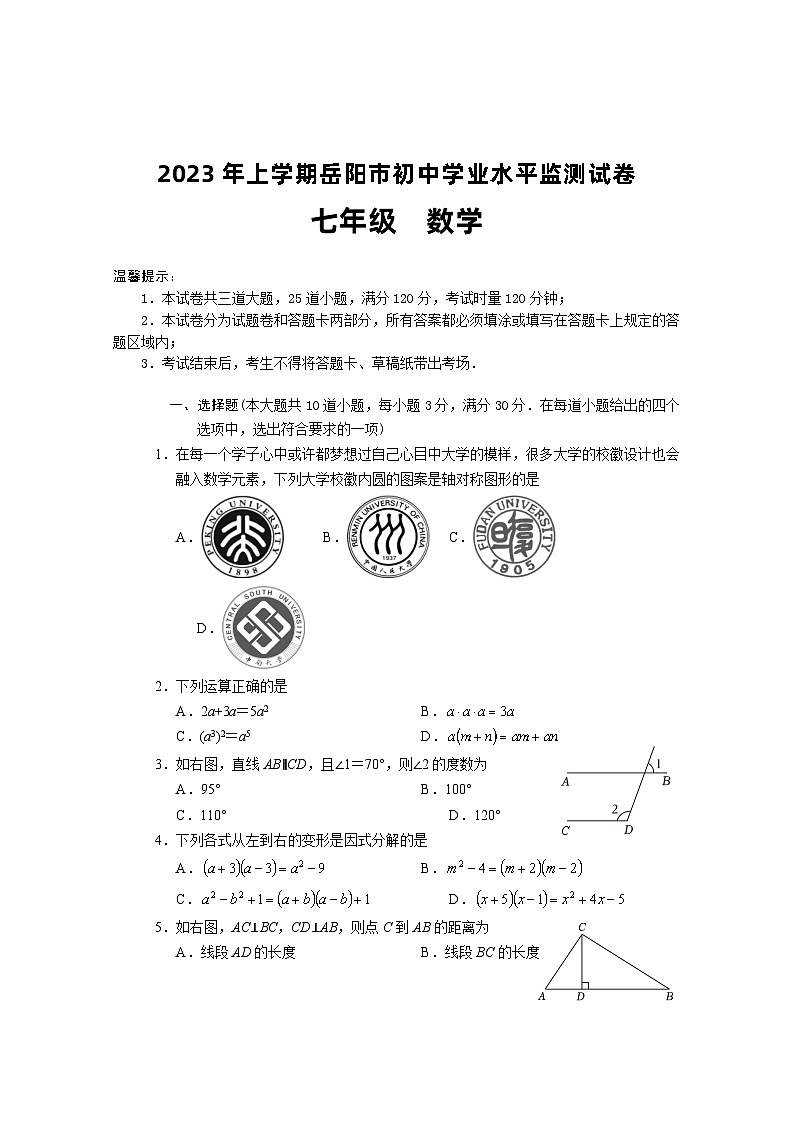 2023年上学期岳阳市初中学业水平七年级数学期末监测试卷01