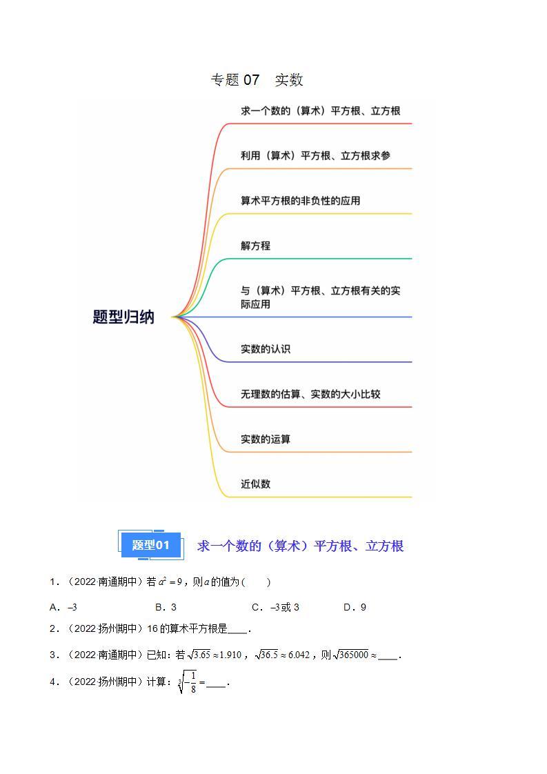 【期中真题】（苏科版）2023-2024学年八年级数学上册 期中真题分类专题汇编  专题07 实数（九种题型）-试卷.zip01