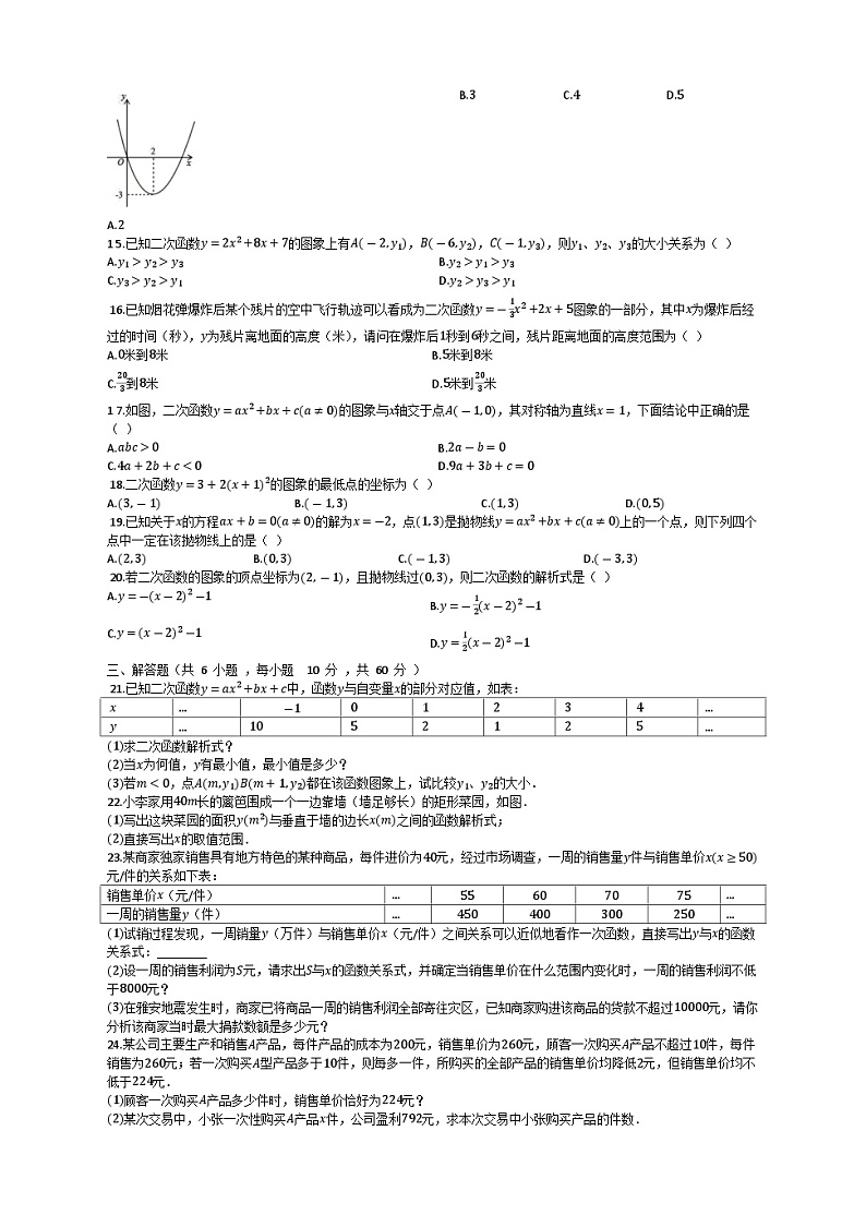 人教版九年级上册数学单元练习卷:二次函数02