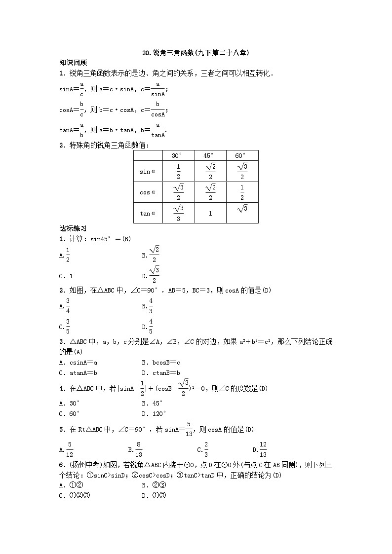 人教版九年级数学下册练习:自主复习20.锐角三角函数第1页
