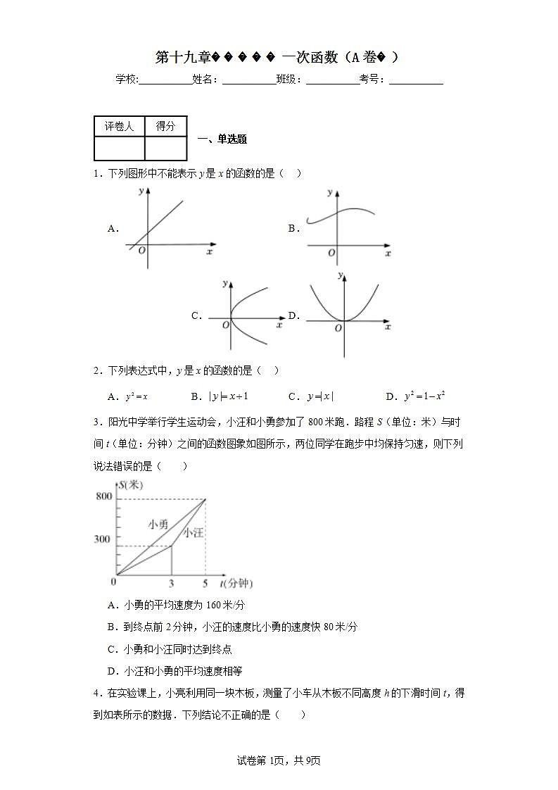 人教版数学八年级下册第十九章一次函数(A卷)含解析答案第1页