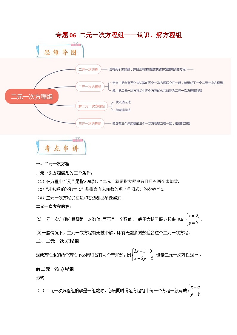 苏科版数学七年级下册期末复习考点串讲+题型专训专题06 二元一次方程组 认识、解方程组(原卷版)第1页