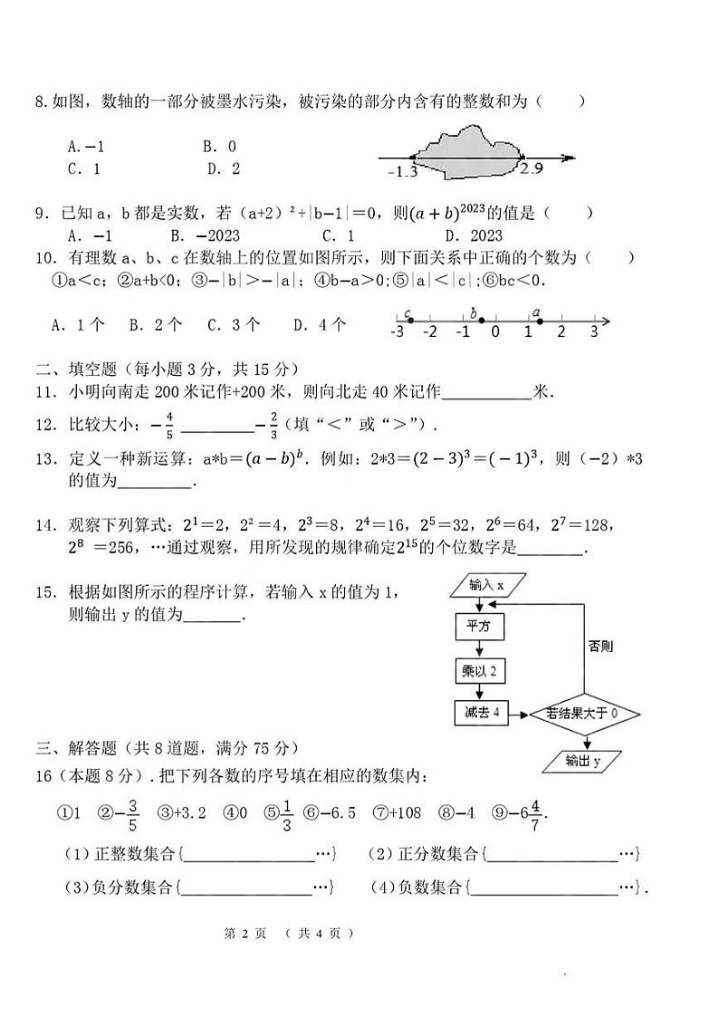 河南省洛阳市涧西区洛阳市东方第二中学2023-2024学年七年级上学期11月月考数学试题02