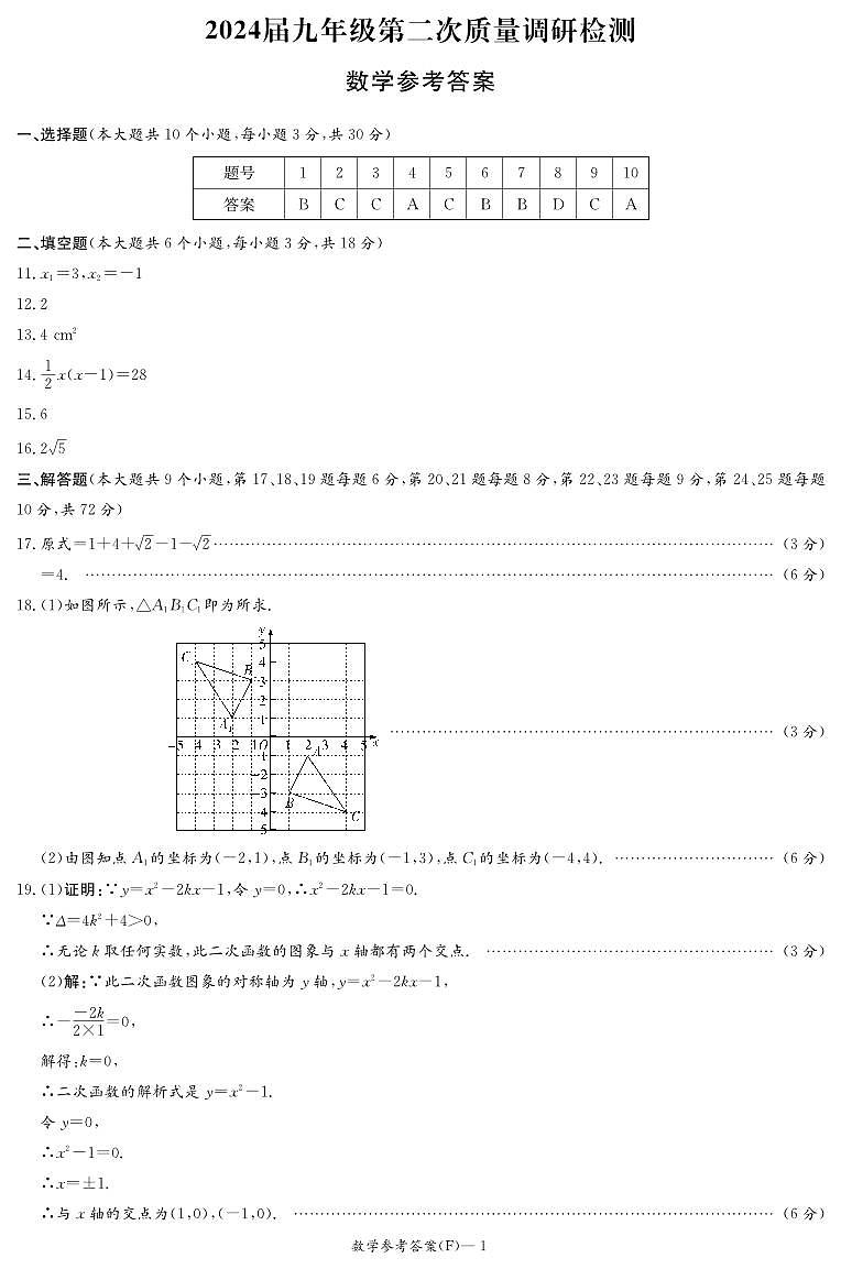 2023湖南师大附中集团九年级期中考试数学试卷及参考答案01