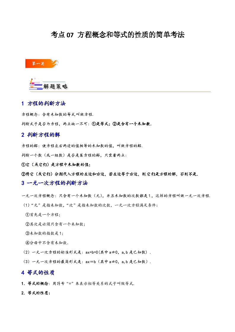 考点07 方程概念和等式的性质的简单考法-【考点通关】2023-2024学年七年级数学上册考点归纳与解题策略(人教版)01