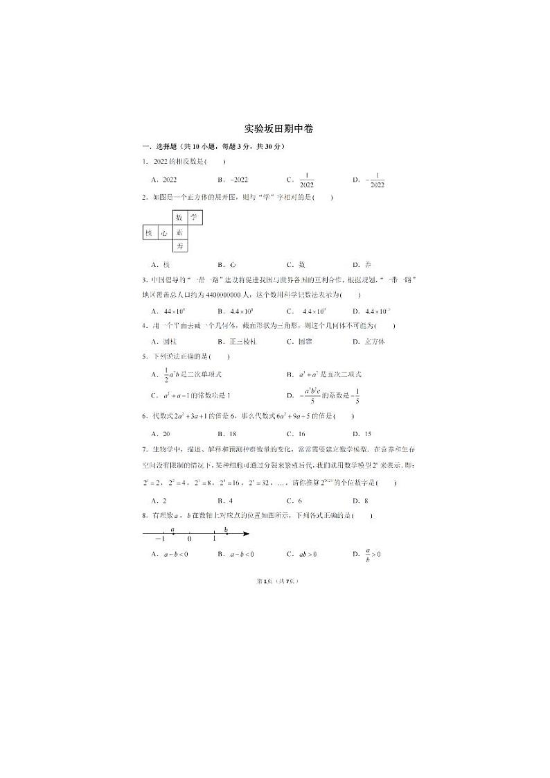 广东省深圳市实验学校坂田部2023-2024学年上学期七年级 期中数学试卷第1页