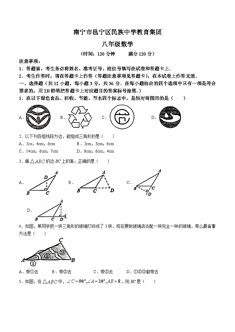 广西南宁市邕宁区民族中学2023-2024学年八年级上学期数学期中试题(无答案)01