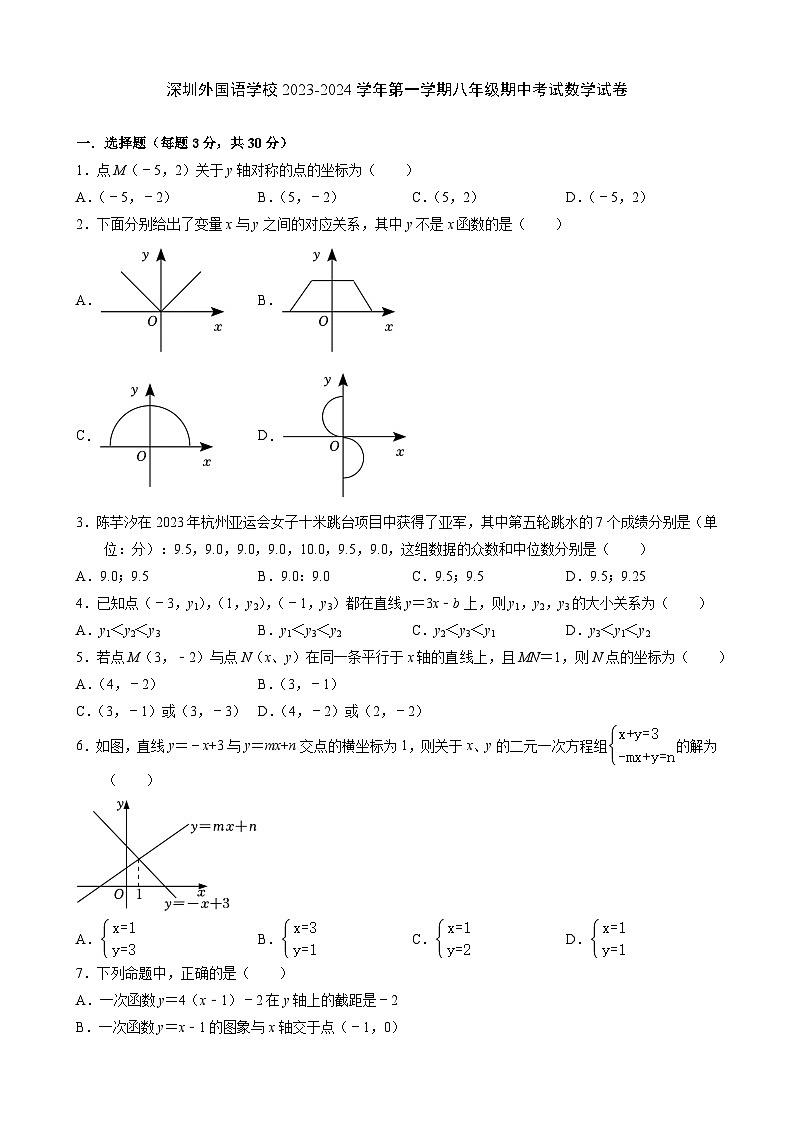 广东省深圳市外国语学校2023-2024学年八年级上学期期中考试数学试卷01