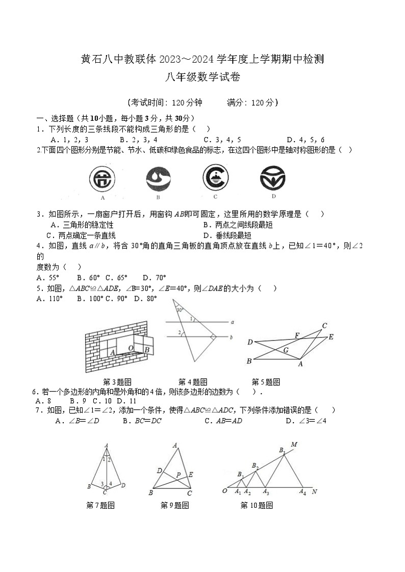 湖北省黄石市黄石港区黄石八中教联体2023-—2024学年八年级上学期11月期中数学试题第1页