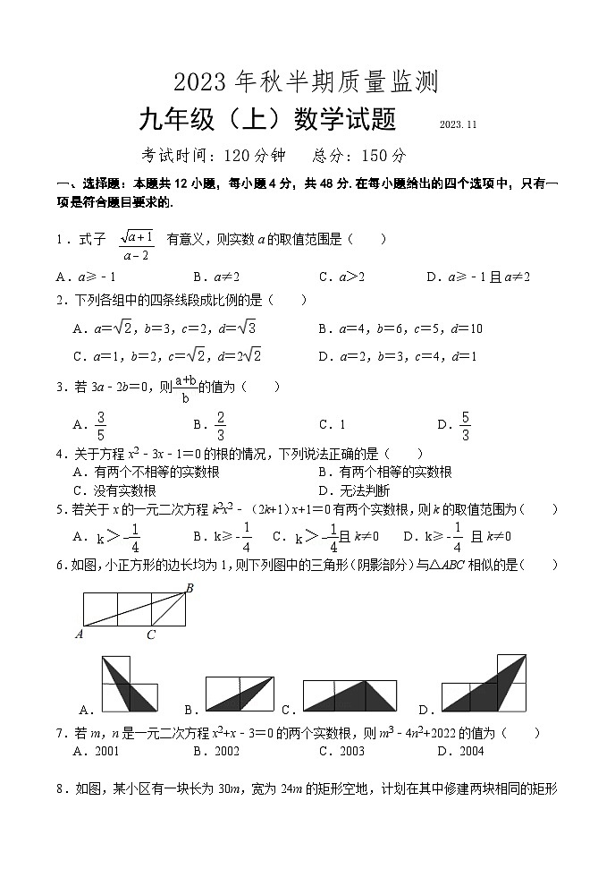 四川省眉山市仁寿县城区2023-2024学年九年级上学期期中考试数学试题01