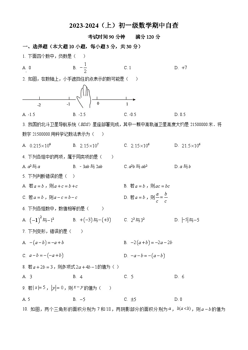 广东省东莞市长安实验中学2023-2024学年七年级上学期期中数学试题01