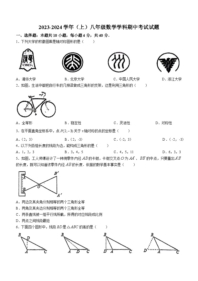 福建省莆田市荔城区第一教研片区2023-2024学年八年级上学期期中数学试题(无答案)01