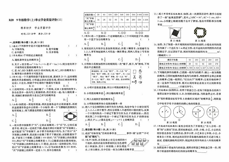 人教版九年级上册《数学》期末专项复习质量评测卷(概率初步)第1页