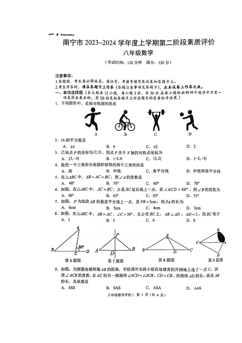 广西南宁市2023--2024学年八年级上学期第二阶段素质评价数学试卷(期中)01