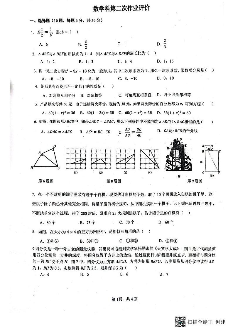 _广东省佛山市南海区桂城街道平洲第二初级中学2023-2024学年九年级上学期期中考数学试卷01