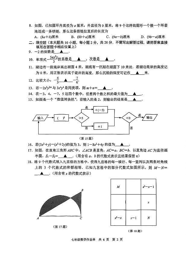 江苏省 南京市玄武区 2023-2024学年七年级上学期期中 数学试题第2页