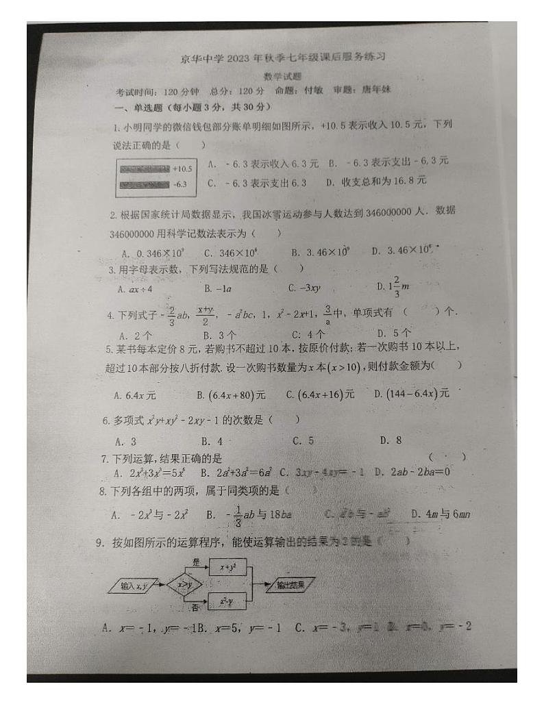 湖南省永州市冷水滩区京华中学2023—2024学年上学期七年级数学期中考试卷第1页
