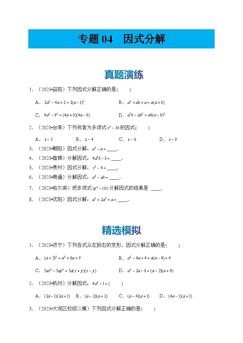 专题04 因式分解(真题演练、精选模拟)--2024年中考数学一轮复习(全国通用)第1页