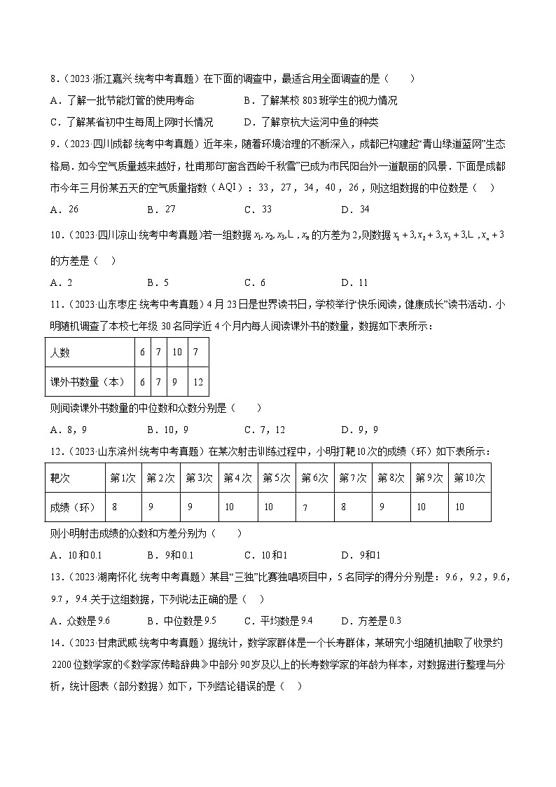 专题26 数据的收集整理、描述与分析(60题)-2023年中考数学真题分项汇编(全国通用)02